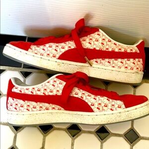 Limited Edition PUMA Red and White Suede Leather Hello Kitty Sneakers